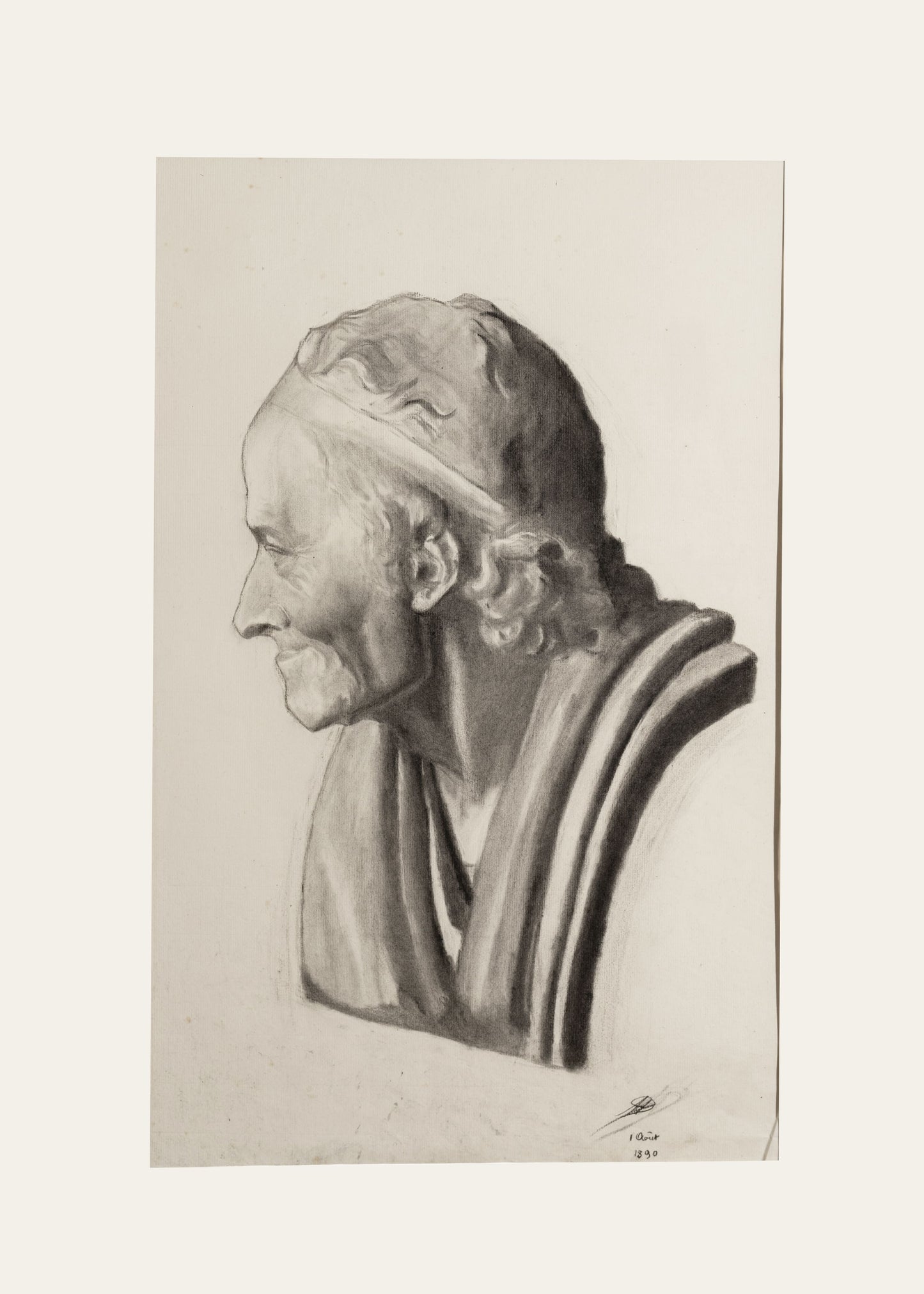 Late 1800's Antique French Academic Portrait Drawing of Greek Male Statue, Charcoal on Paper, Signed and Dated 1890