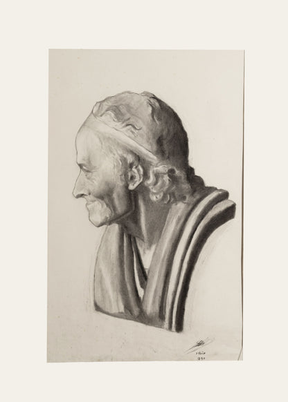 Late 1800's Antique French Academic Portrait Drawing of Greek Male Statue, Charcoal on Paper, Signed and Dated 1890