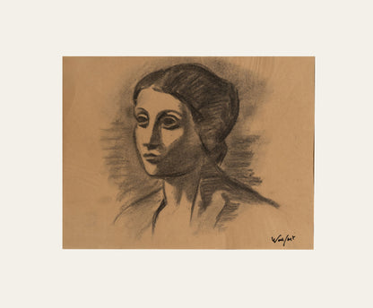 Mid-Century Modern Vintage European Portrait of Woman in Manner of Picasso, Charcoal on Paper. Signed by French artist Marius Woulfart