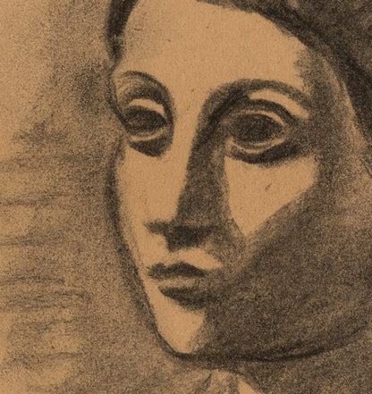 Mid-Century Modern Vintage European Portrait of Woman in Manner of Picasso, Charcoal on Paper. Signed by French artist Marius Woulfart